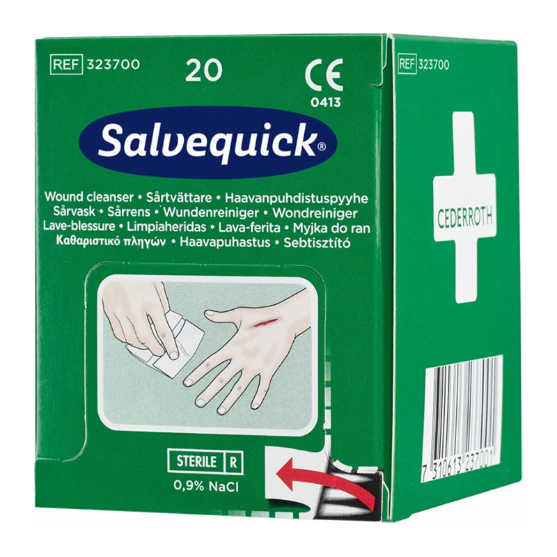 SALVEQUICK® WUNDREINIGER KARTON MIT 20 TÜCHERN EINZELN EINGESIEGELT