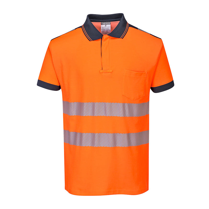 PORTWEST HI-VIS COTTON COMFORT POLOSHIRT KURZARM ORANGE/MARINE